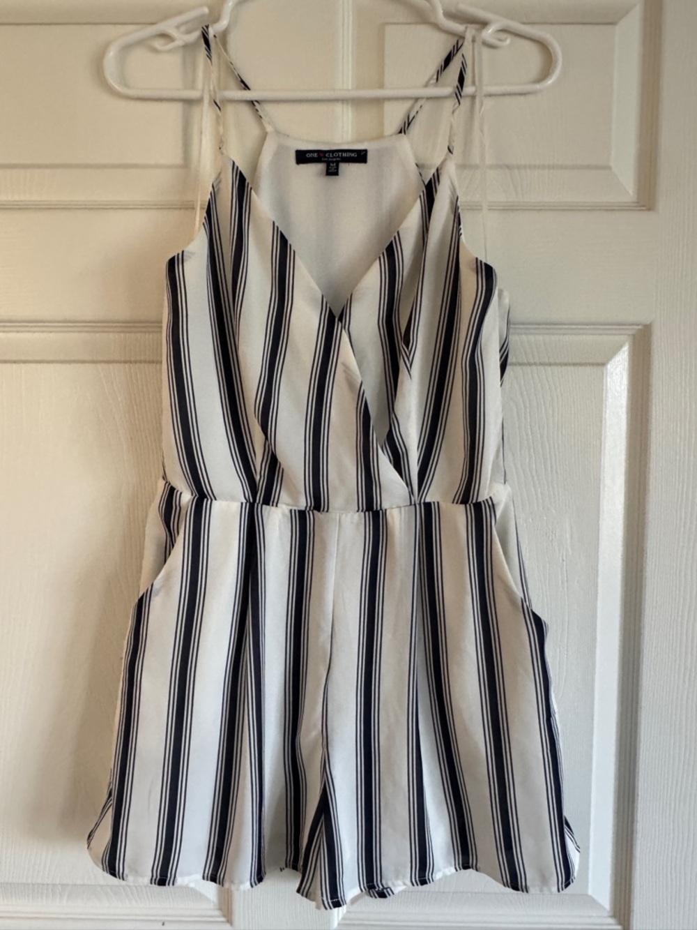 one clothing White Romper with Navy Vertical Stripes
